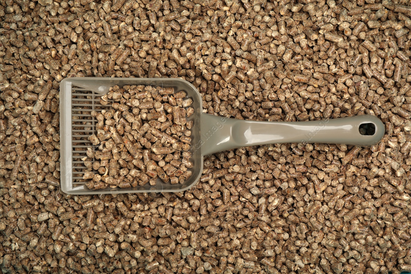 Photo of Wood pellet cat litter with plastic scoop, top view