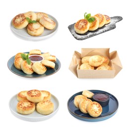 Set with delicious cottage cheese pancakes on white background 