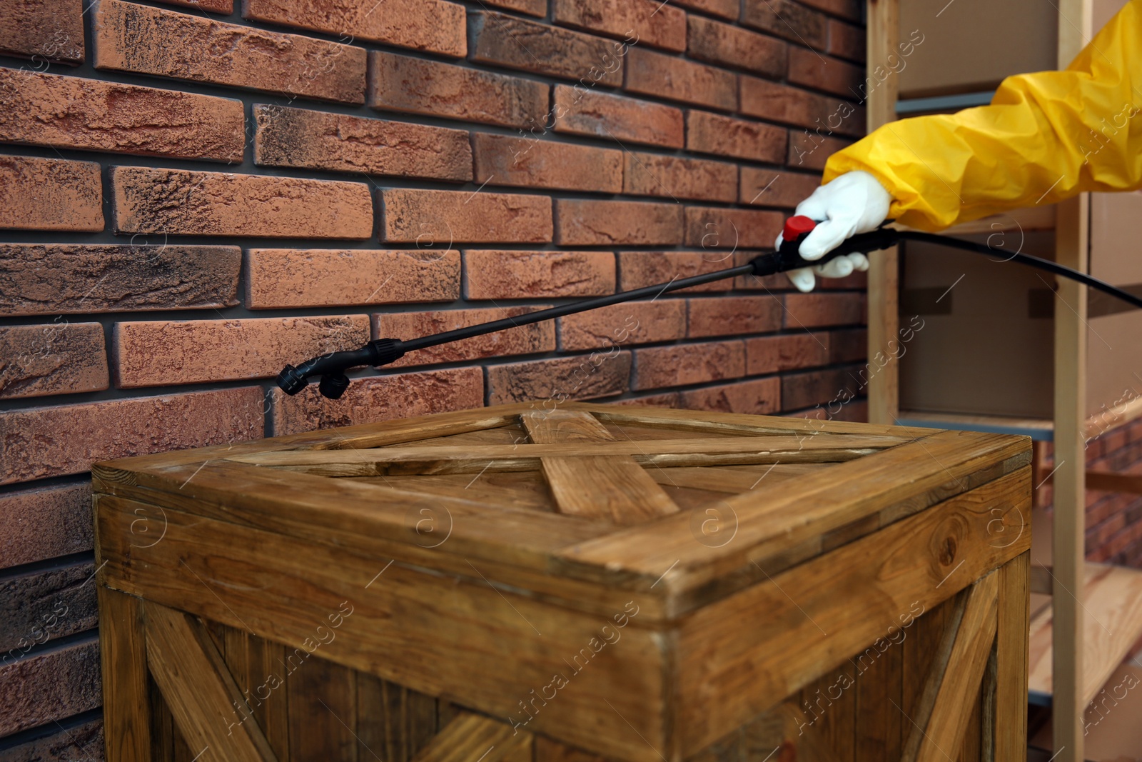 Photo of Pest control worker spraying pesticide on wooden crate indoors, closeup