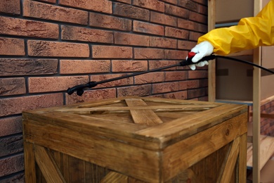 Pest control worker spraying pesticide on wooden crate indoors, closeup