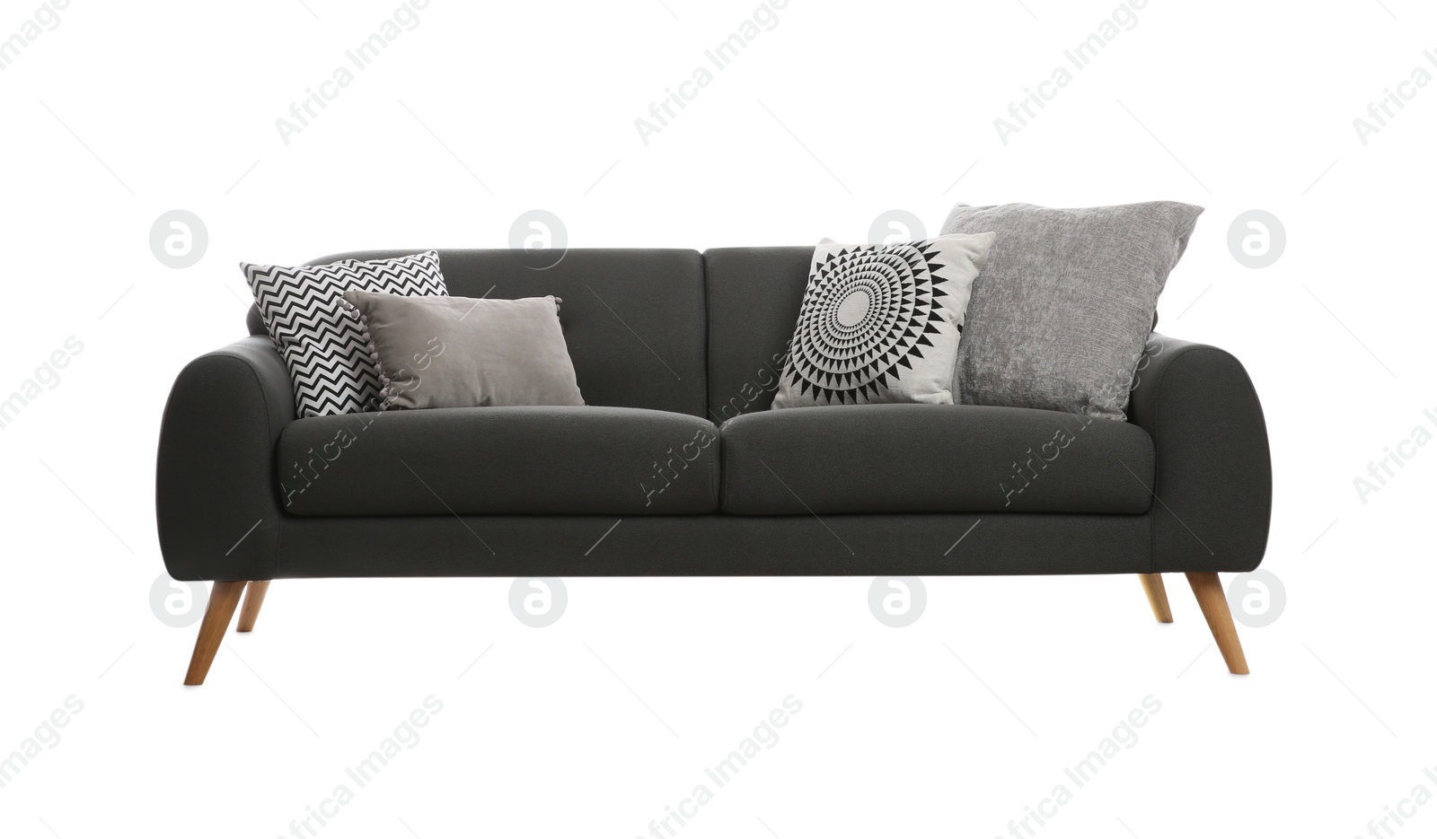 Photo of Comfortable grey sofa with cushions on white background. Furniture for living room interior