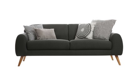 Comfortable grey sofa with cushions on white background. Furniture for living room interior