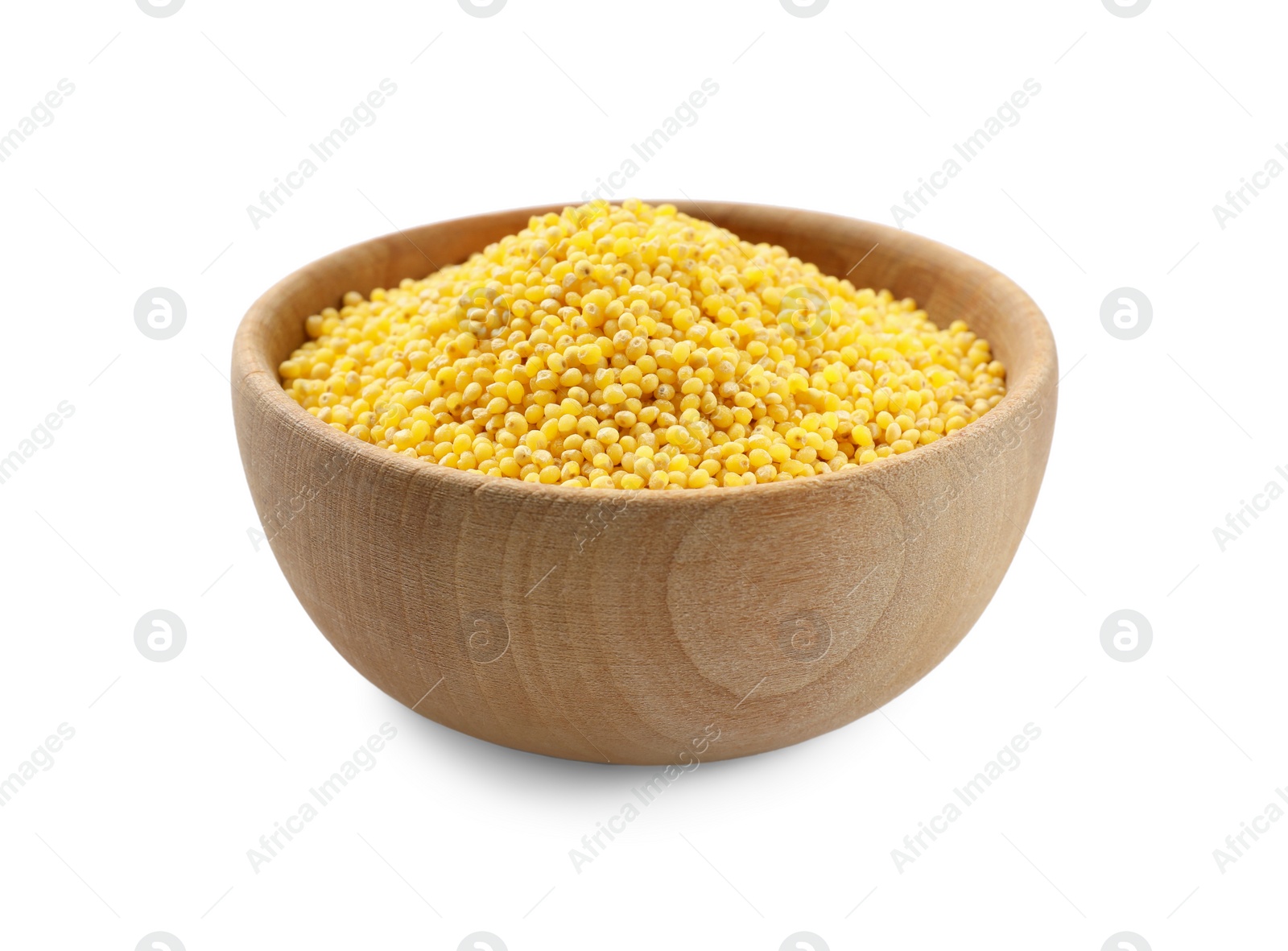 Photo of Dry millet seeds in bowl isolated on white