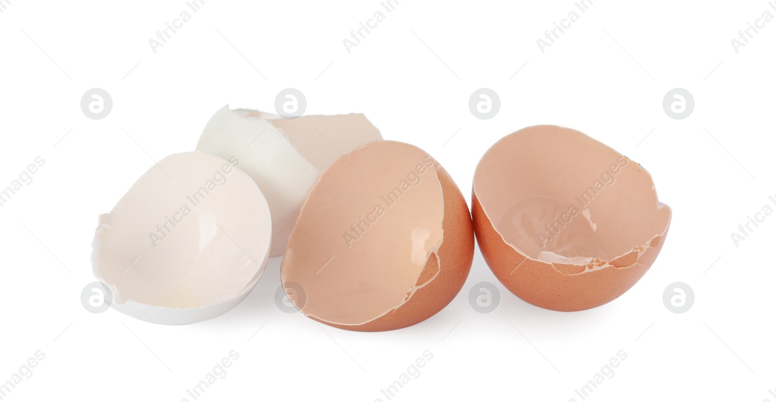 Photo of Egg shells on white background. Composting of organic waste