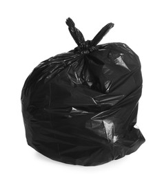 Photo of Black trash bag full of garbage isolated on white