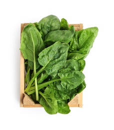 Crate with fresh spinach leaves isolated on white, top view