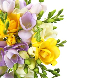 Bouquet of fresh freesia flowers isolated on white, top view