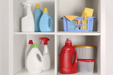 Photo of Different cleaning supplies and tools on shelves