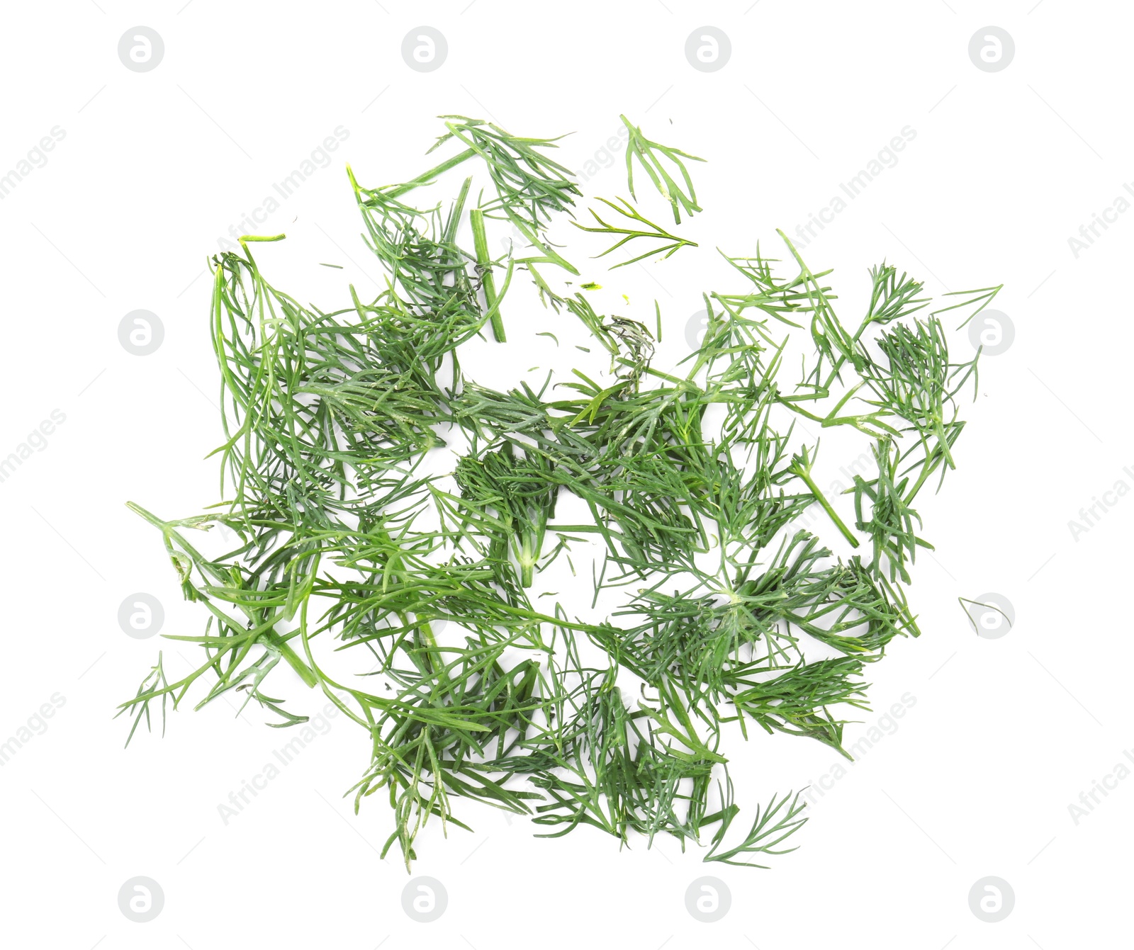 Photo of Pile of fresh green dill isolated on white, top view