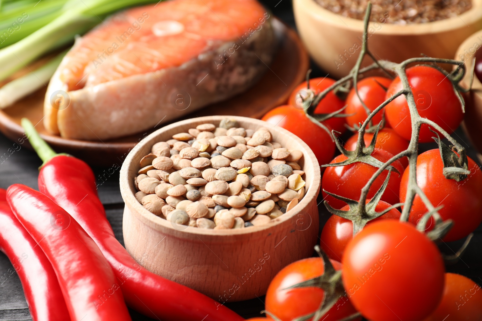 Photo of Many different healthy food on table, closeup