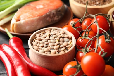 Many different healthy food on table, closeup