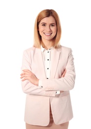 Portrait of successful businesswoman posing on white background