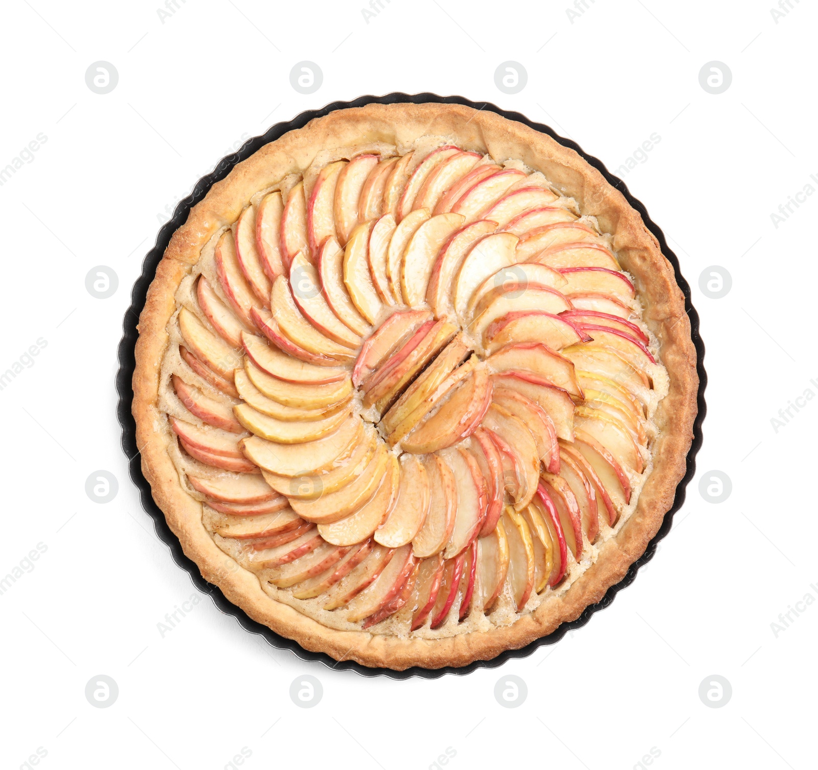 Photo of Delicious homemade apple tart isolated on white, top view