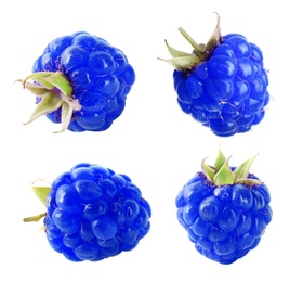 Image of Set of fresh blue raspberries on white background