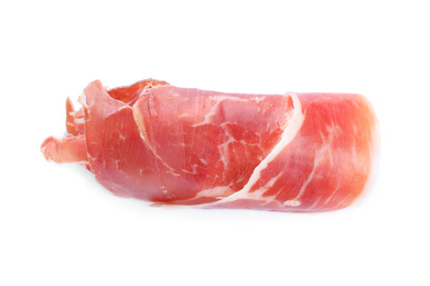 Tasty prosciutto on white background, top view