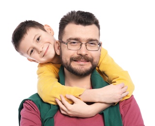 Little boy and his dad on white background