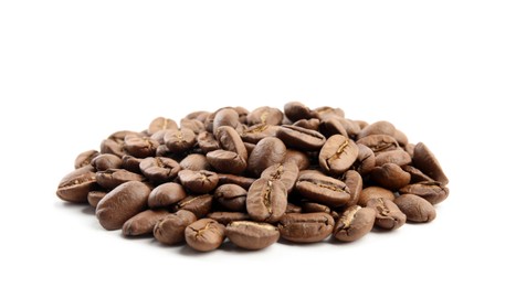 Heap of roasted coffee beans isolated on white