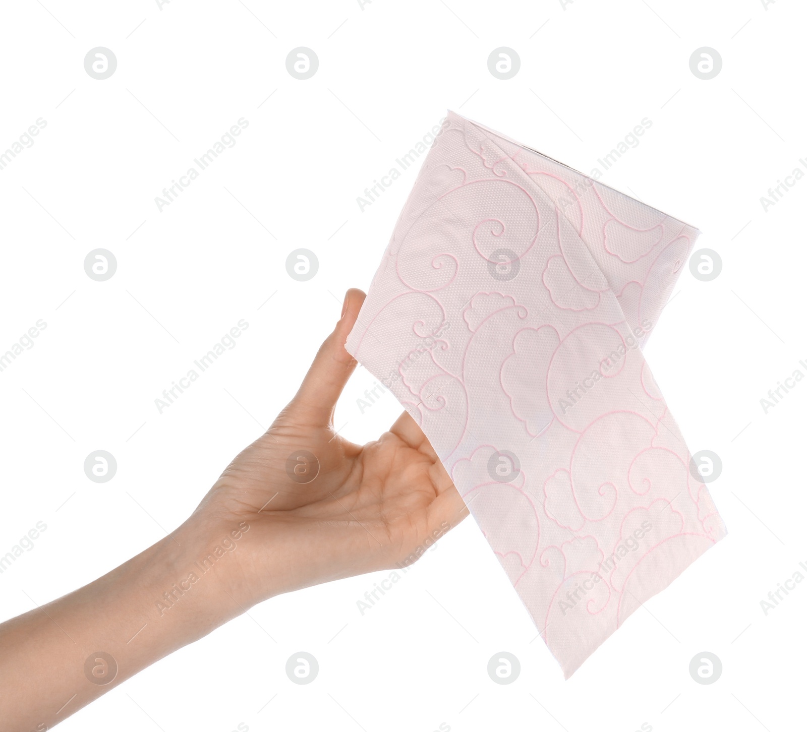 Photo of Woman holding roll of toilet paper on white background. Personal hygiene