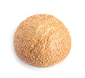 Photo of Fresh bun with sesame seeds on white background, top view