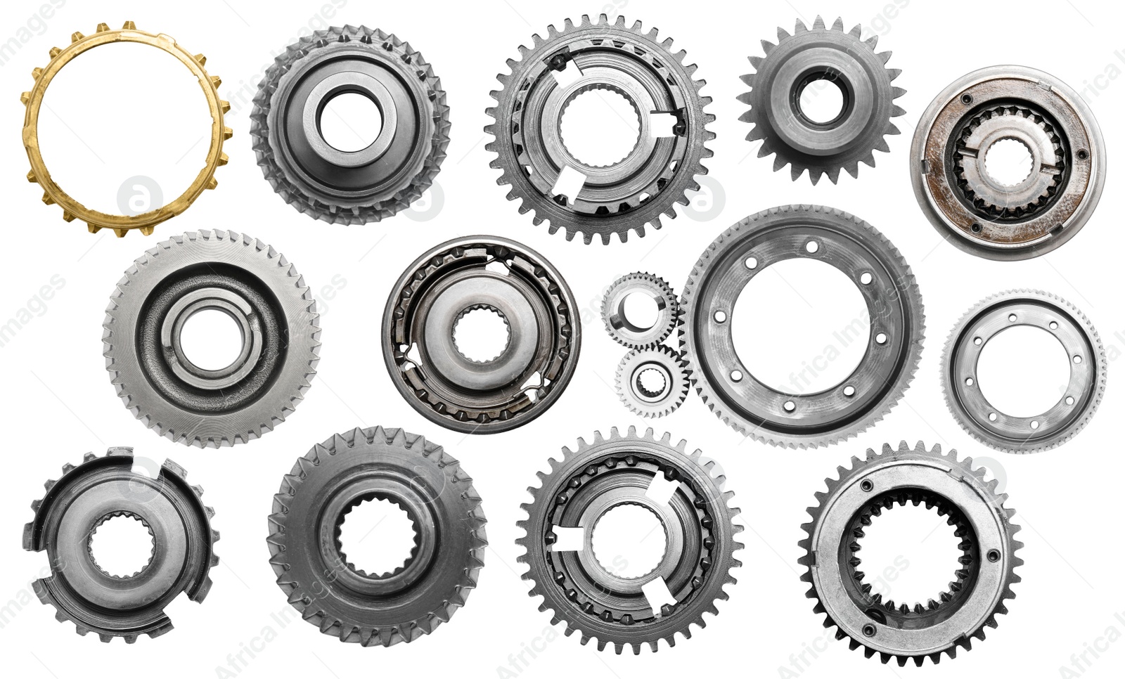 Image of Set with different stainless steel gears on white background, top view. Banner design