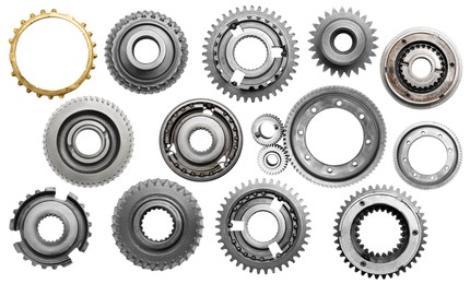 Image of Set with different stainless steel gears on white background, top view. Banner design