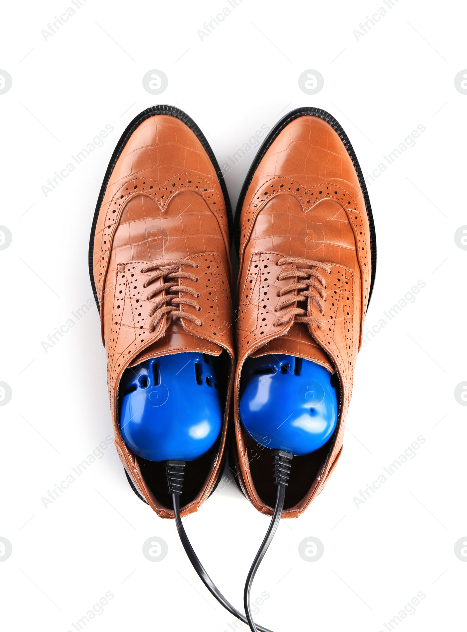 Photo of Pair of stylish shoes with modern electric footwear dryer on white background, top view