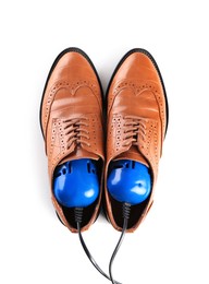 Pair of stylish shoes with modern electric footwear dryer on white background, top view