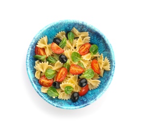 Tasty pasta salad with fresh vegetables on white background