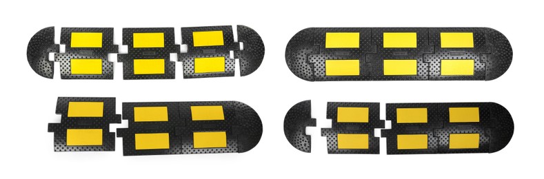 Set with speed bumps on white background, top view. Banner design