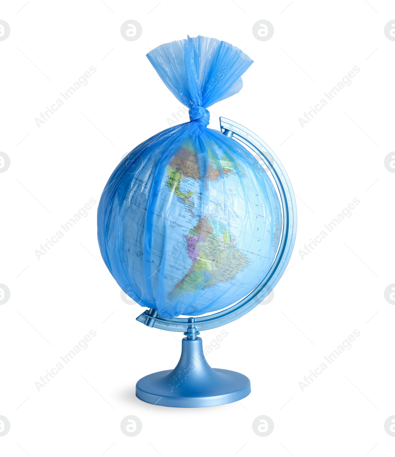 Photo of Globe in plastic bag isolated on white. Environmental conservation