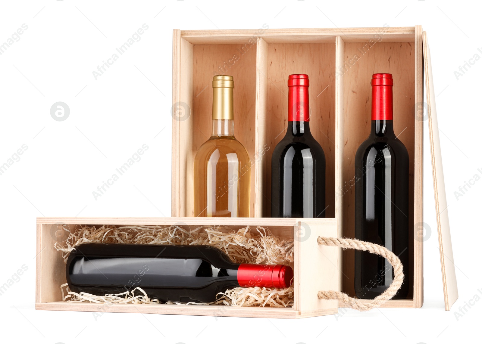 Photo of Wooden gift boxes with wine isolated on white