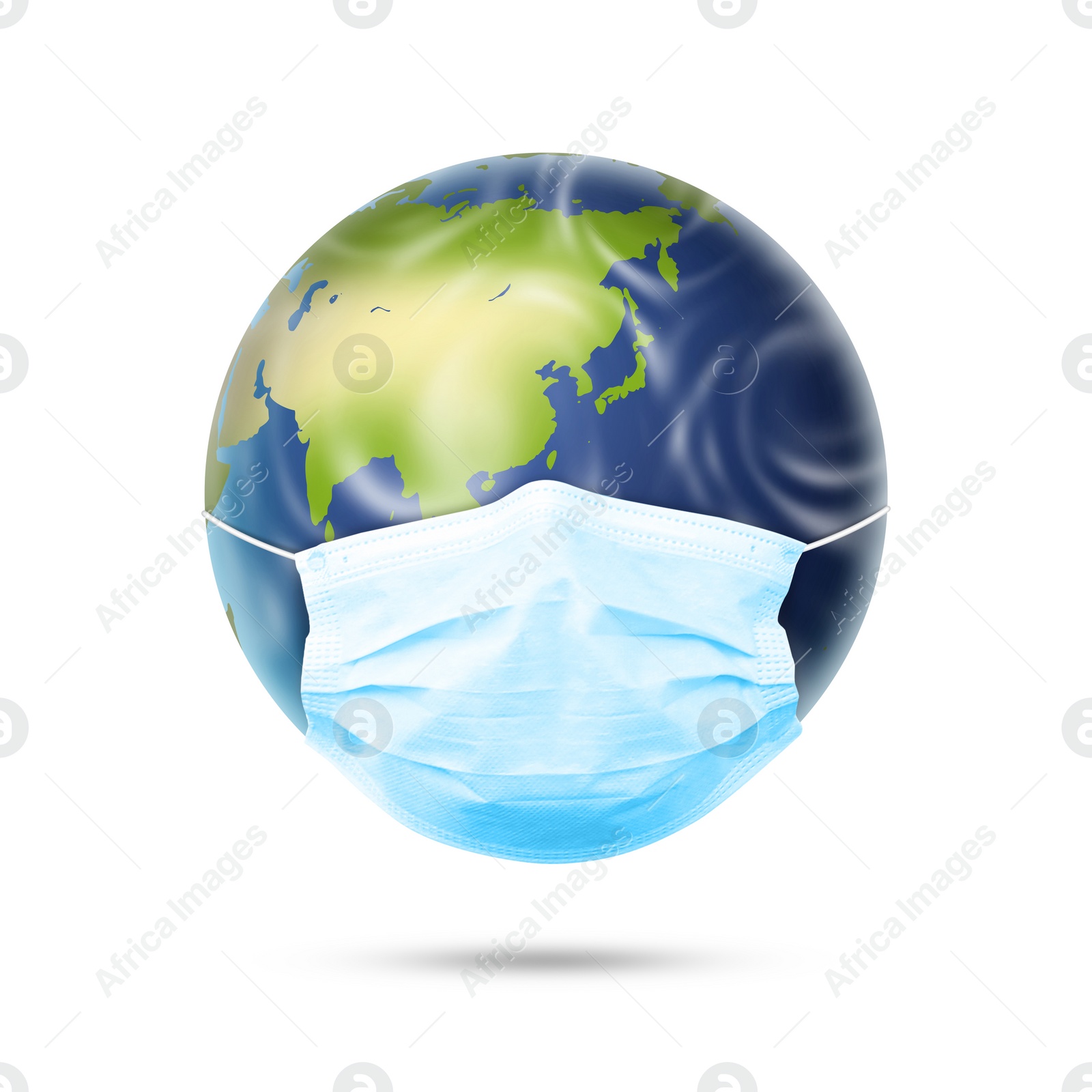 Image of Illustration of Earth with medical mask on white background. Dangerous coronavirus