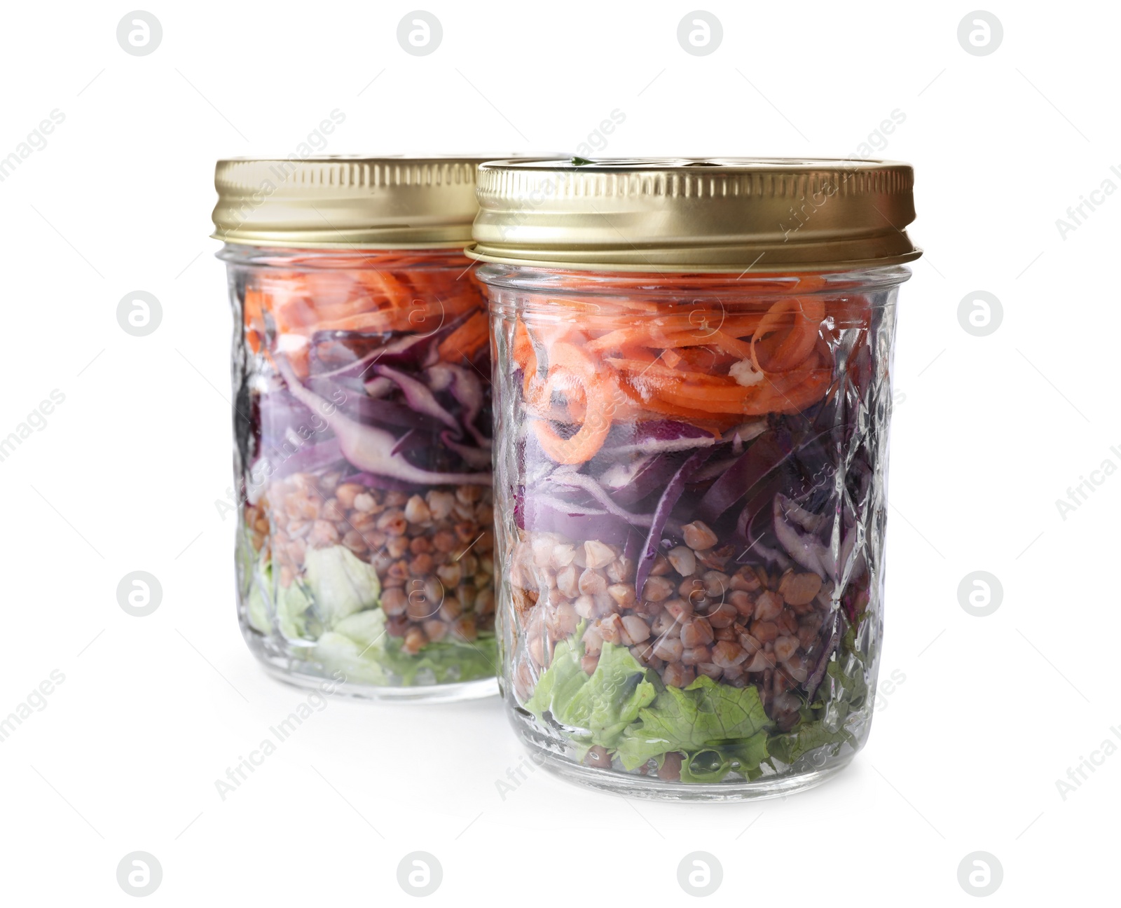 Photo of Glass jars with healthy meal isolated on white