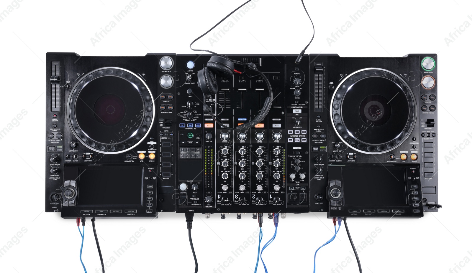 Photo of Modern DJ controller on white background, top view