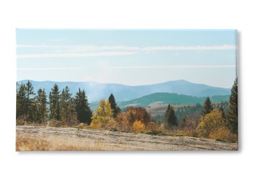 Image of Photo printed on canvas, white background. Picturesque landscape with beautiful forest and mountains