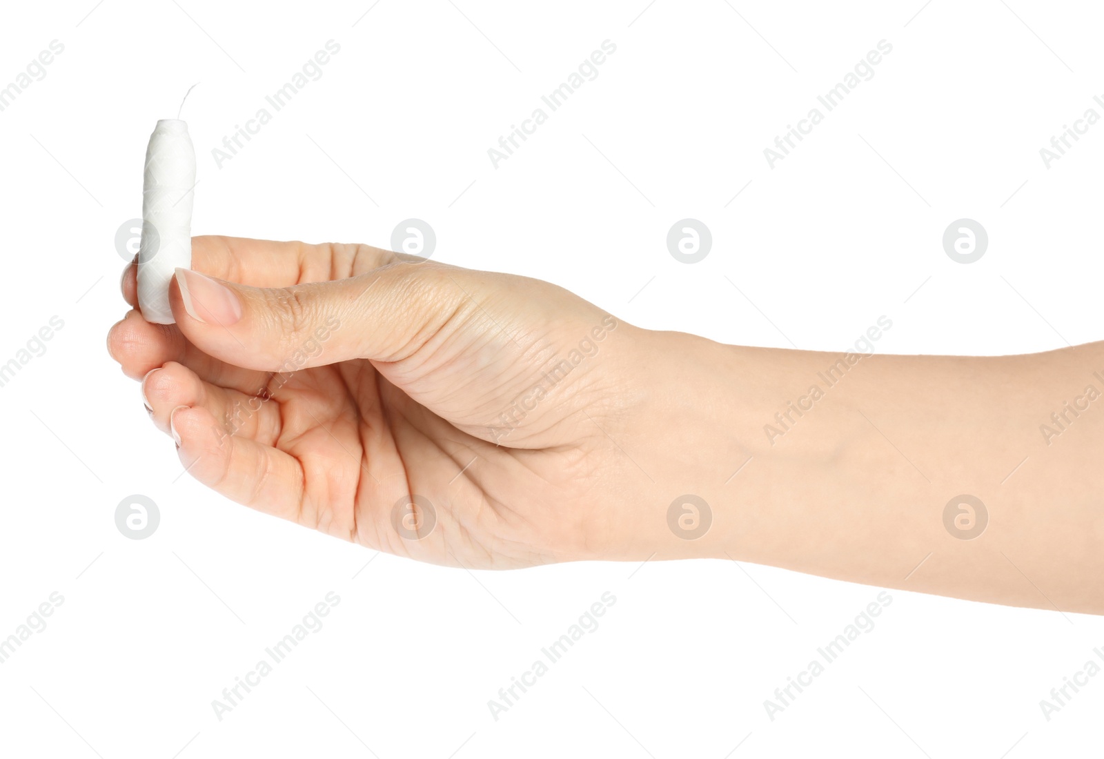 Photo of Woman holding natural dental floss on white background, closeup