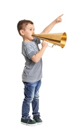 Adorable little boy with vintage megaphone on white background