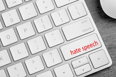 Image of Button with text Hate Speech on computer keyboard, closeup