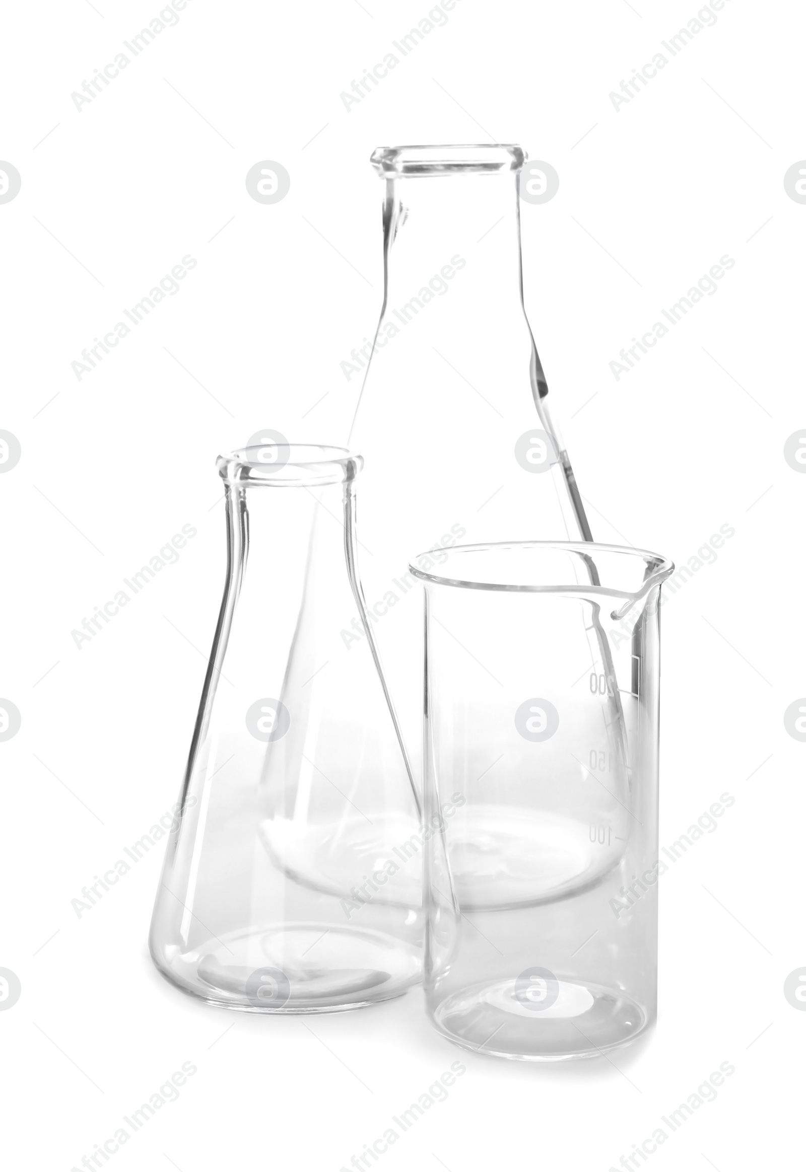 Photo of Empty flasks on white background. Laboratory analysis equipment