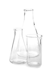 Empty flasks on white background. Laboratory analysis equipment