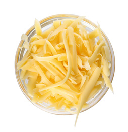 Photo of Glass bowl with grated cheese isolated on white, top view