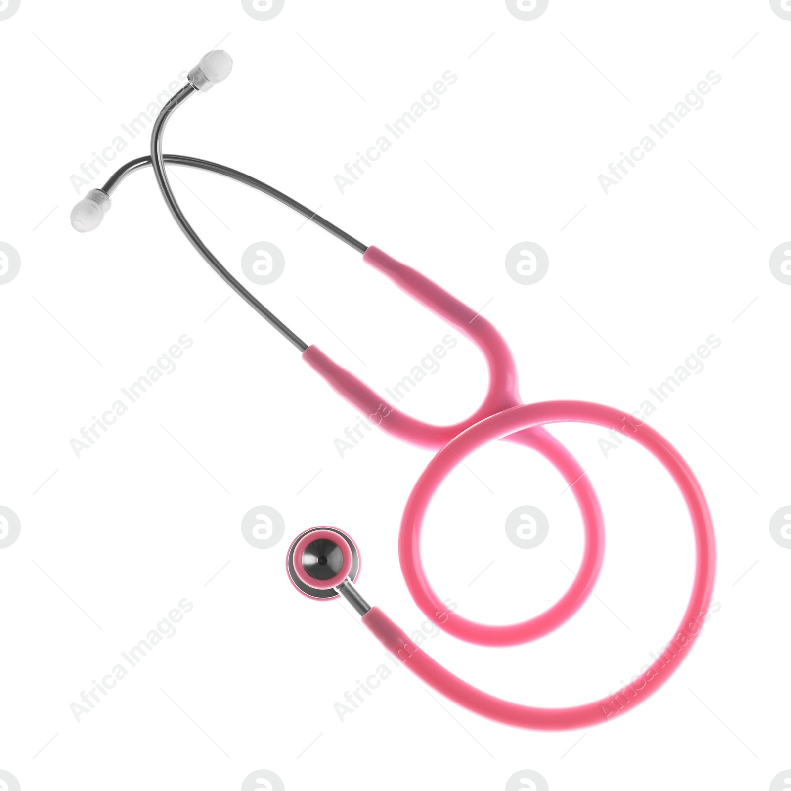 Photo of Stethoscope on white background, top view. Medical device