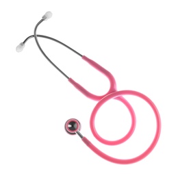 Photo of Stethoscope on white background, top view. Medical device