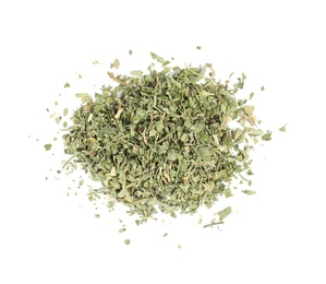 Heap of dried parsley on white background, top view