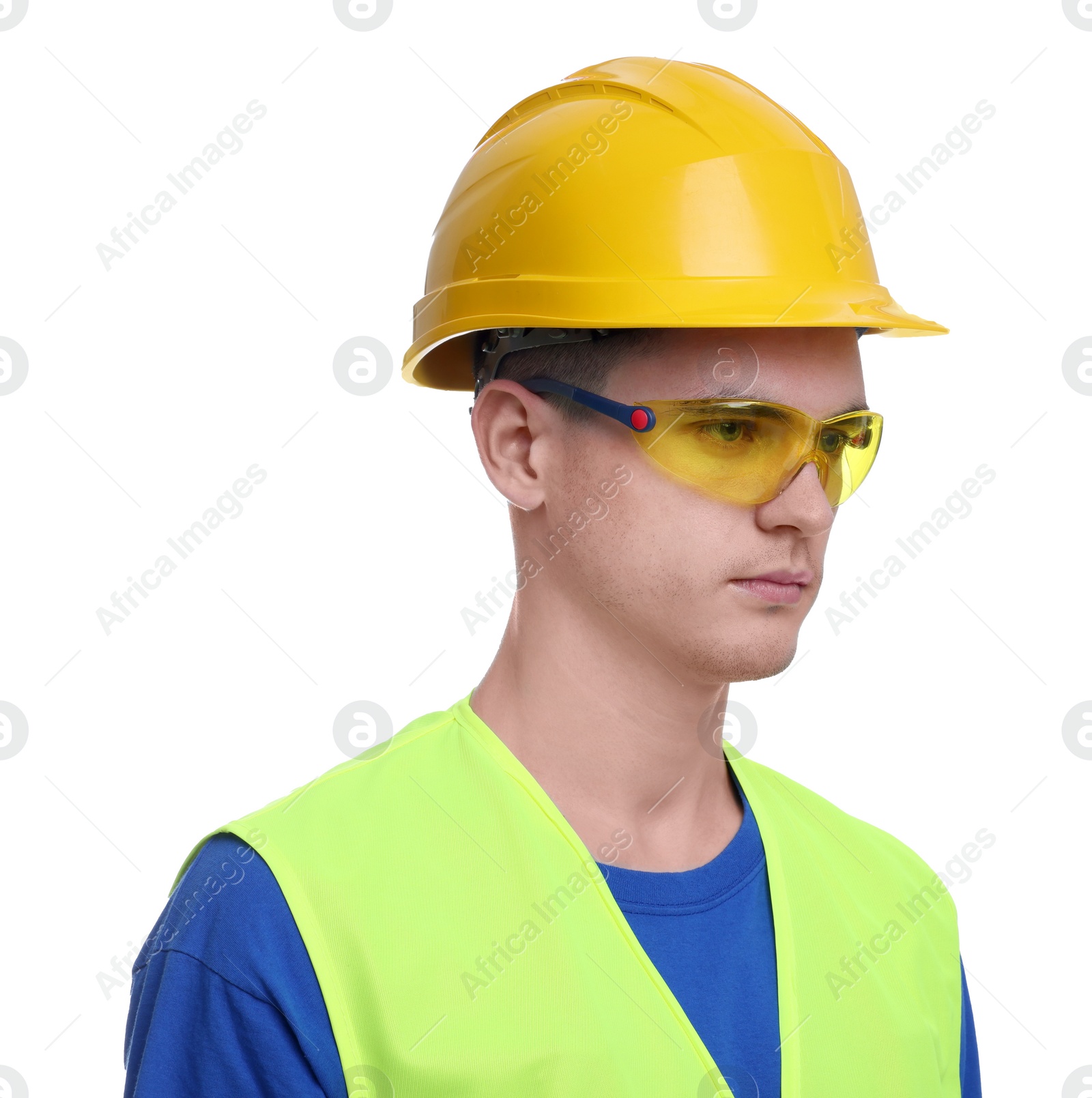 Photo of Young man wearing safety equipment on white background