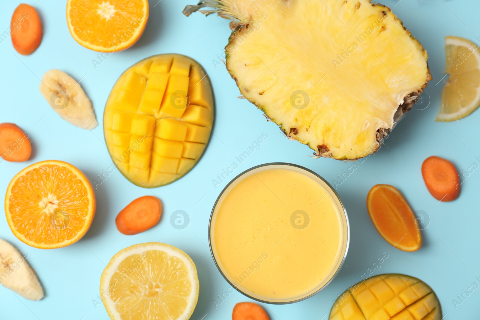 Photo of Flat lay composition with healthy detox smoothie and ingredients on color background