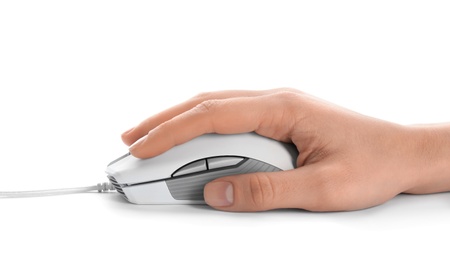 Photo of Woman using computer mouse on white background