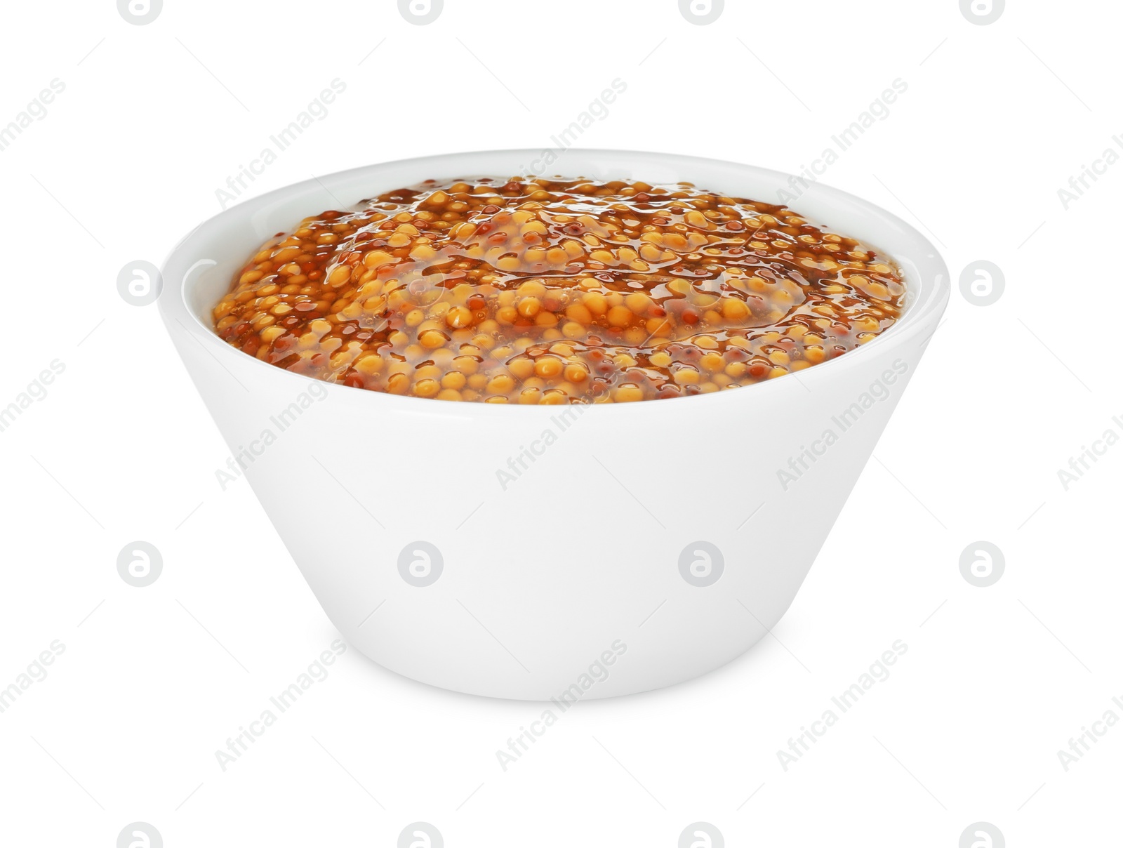 Photo of Fresh whole grain mustard in bowl isolated on white