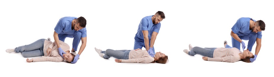 Image of Doctor performing first aid on unconscious woman against white background, collage. Banner design