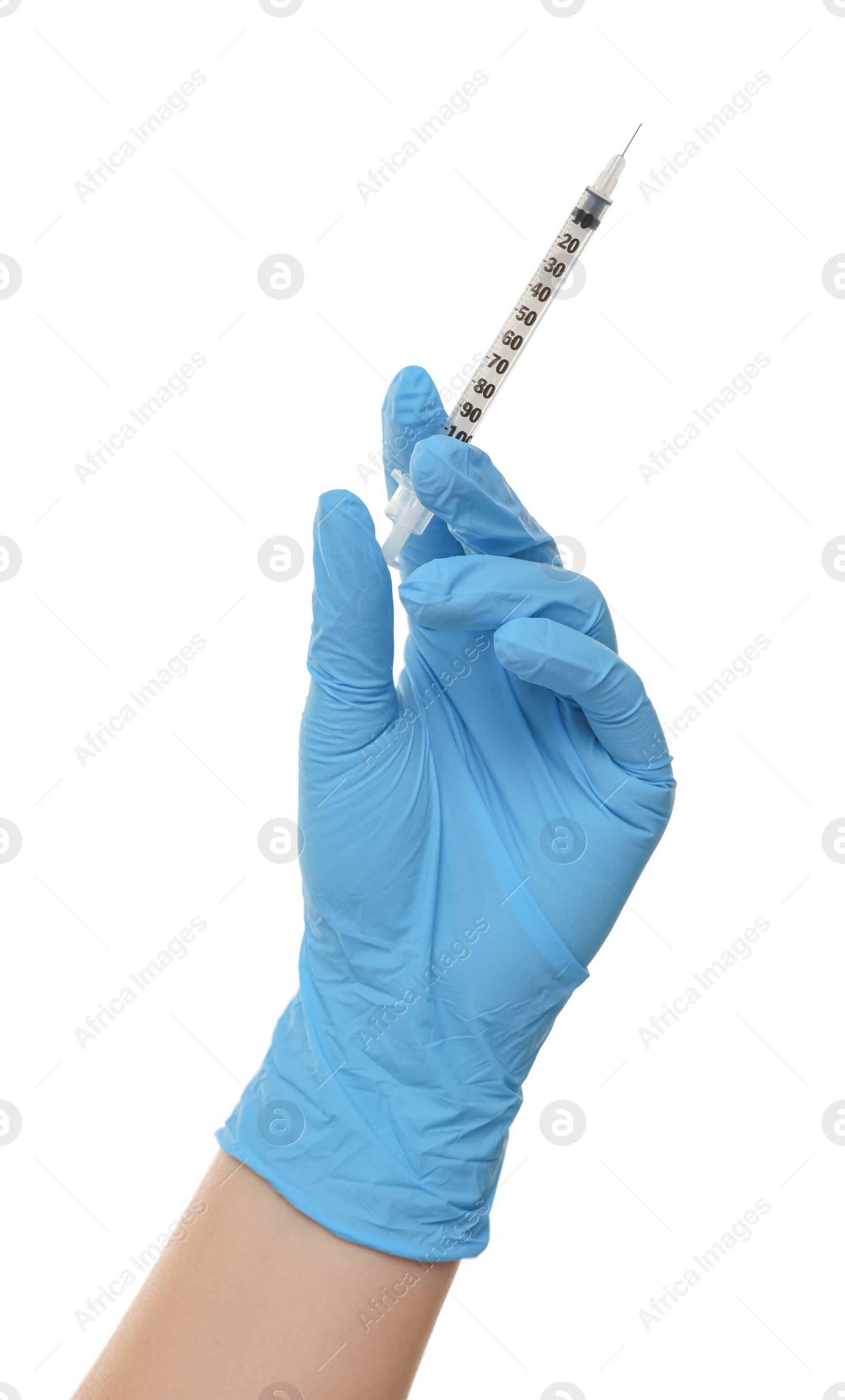 Photo of Doctor holding medical syringe on white background, closeup